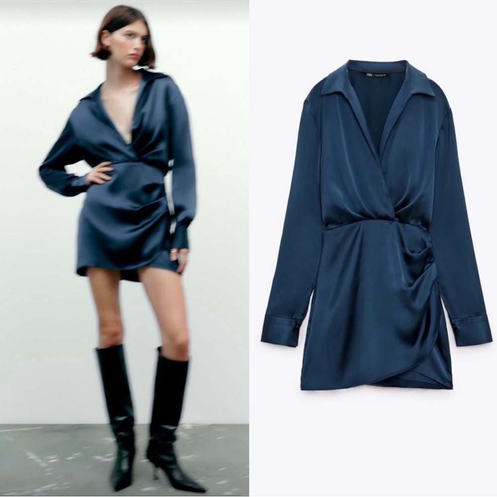 ZARA Short Satin Effect Dress Navy Women’s Size XS - Picture 6 of 12